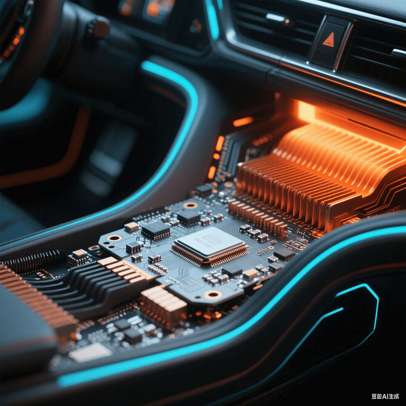汽車中控臺域控制器內部 - 銀灰色基板密集元件 - 銅橙色散熱鰭片 - 熱過孔陣列紅外熱力圖 - 剛柔結合板啞光黑 FPC 彎曲結構 - 冷藍電路光效與暖橙散熱光對比