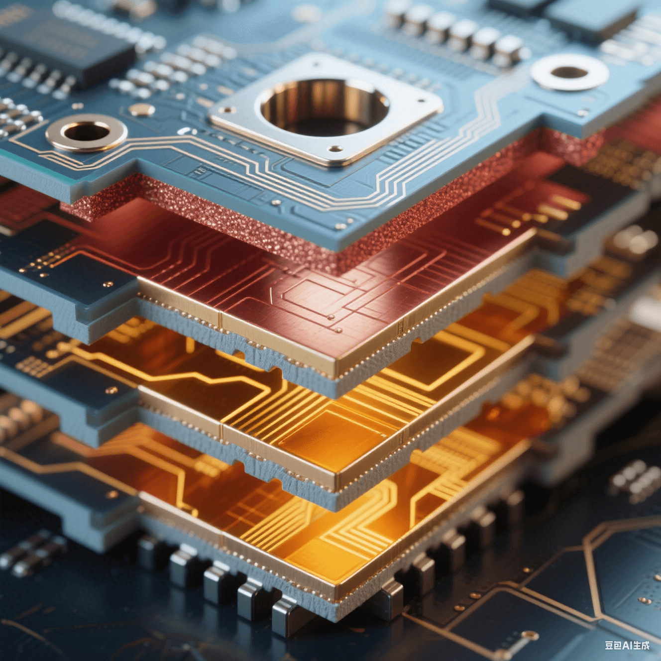 六層電路板橫截面顯微圖（放大 100 倍）- 藍灰 / 金 / 銅色交替層壓 - 厚銅紅色電源層 - 金色正交信號走線 - 半透明琥珀色樹脂層間填充 - 邊緣應力釋放槽機械切割面 - 冷白光投射孔壁高光