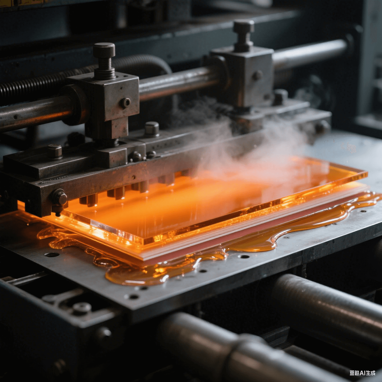 工業級層壓機工藝特寫 - 鋼板夾層中琥珀色樹脂高溫流動 - 350psi 壓力形成薄介質層 - 分層材料邊緣晶瑩膠體 - 熱壓板反射熾熱橙光 - 深灰機械結構與蒸汽朦朧效果