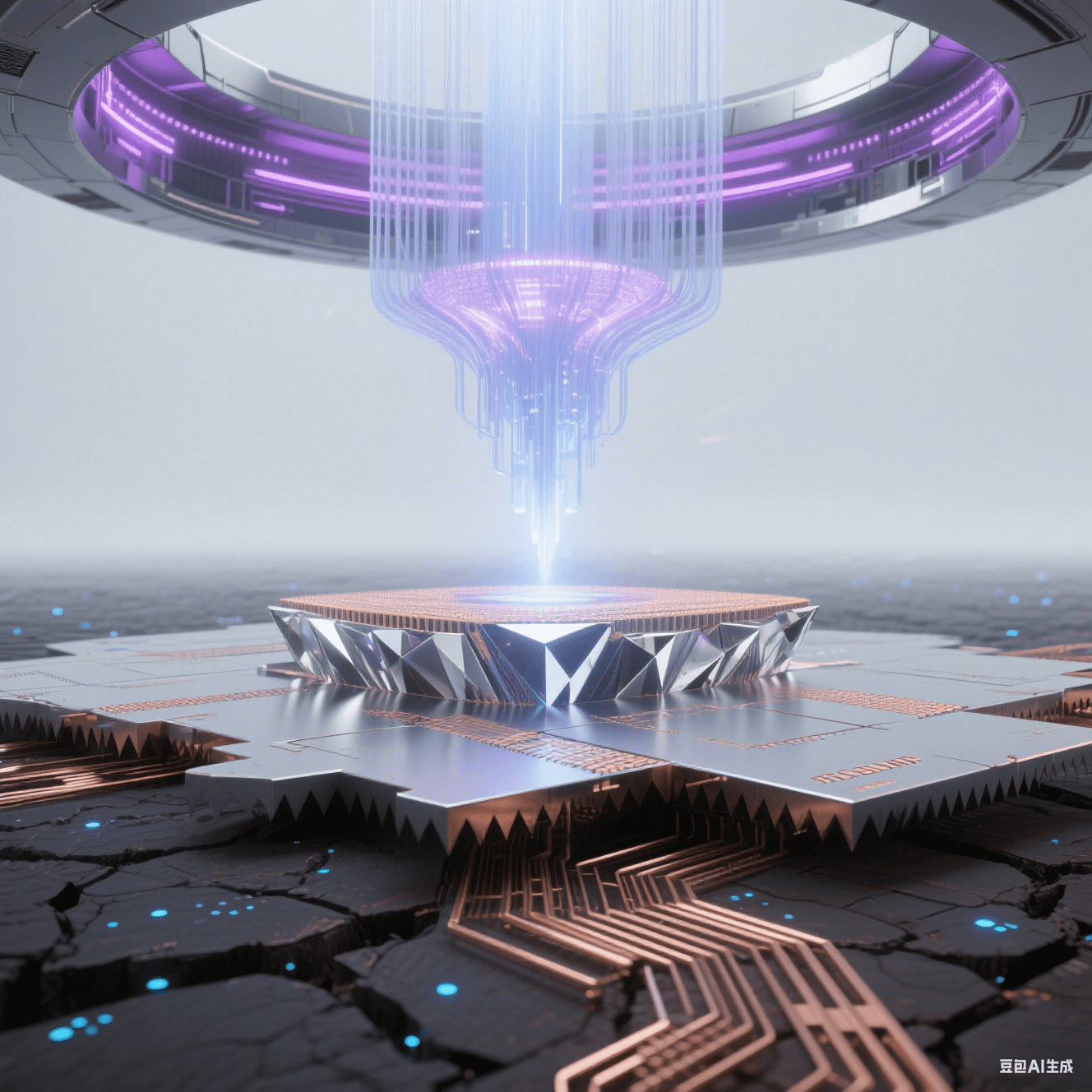 抽象科技穹頂下的技術(shù)演進(jìn),底部傳統(tǒng)蝕刻銅線如干裂大地,中部 mSAP 銅線如精密切割水晶,頂部 EUV 光刻 3μm 銅線如懸浮納米絲,極紫外激光激發(fā)紫色等離子輝光 抽象科技穹頂下的技術(shù)演進(jìn),底部傳統(tǒng)蝕刻銅線如干裂大地,中部 mSAP 銅線如精密切割水晶,頂部 EUV 光刻 3μm 銅線如懸浮納米絲,極紫外激光激發(fā)紫色等離子輝光