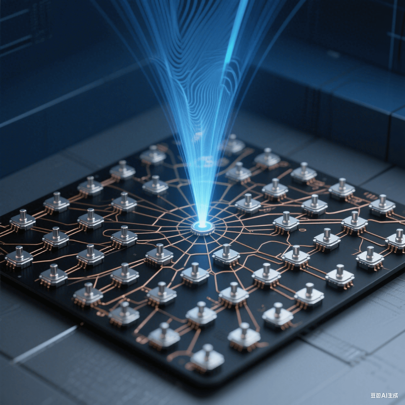 俯視視角的 5G 基站陣列,256 個(gè)銀色金屬觸點(diǎn)呈蜂巢矩陣排布,微米級銅線交織,漸變藍(lán)光束狀毫米波信號形成干涉波紋,背景深空藍(lán)與霧灰色模擬信號穿墻衰減 俯視視角的 5G 基站陣列,256 個(gè)銀色金屬觸點(diǎn)呈蜂巢矩陣排布,微米級銅線交織,漸變藍(lán)光束狀毫米波信號形成干涉波紋,背景深空藍(lán)與霧灰色模擬信號穿墻衰減