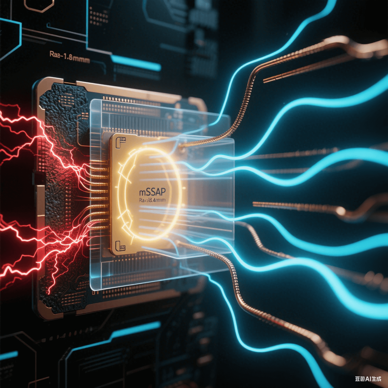 暗黑空間中高頻信號傳輸對比,左側(cè)粗糙銅線(Ra>1.8μm)電流紊亂如紅色閃電,右側(cè) mSAP 光滑銅線(Ra<0.4μm)電流均勻如藍(lán)色絲綢,金色電磁波束穿透透明介質(zhì) 暗黑空間中高頻信號傳輸對比,左側(cè)粗糙銅線(Ra>1.8μm)電流紊亂如紅色閃電,右側(cè) mSAP 光滑銅線(Ra<0.4μm)電流均勻如藍(lán)色絲綢,金色電磁波束穿透透明介質(zhì)