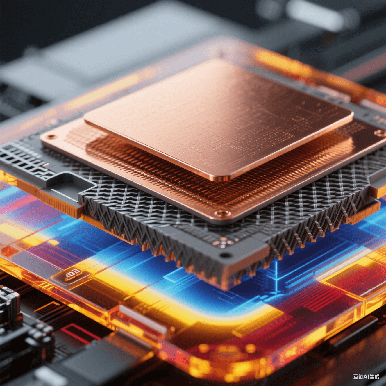 爆炸式解構(gòu)視圖展示材料創(chuàng)新,中心 ALD 超薄銅膜(<50nm)呈分子級紋理,中層 BT 樹脂顯玻璃纖維結(jié)構(gòu),外層 LCP 材料帶透明琥珀光澤,邊緣有藍(lán)紅黃紅外熱成像色斑 爆炸式解構(gòu)視圖展示材料創(chuàng)新,中心 ALD 超薄銅膜(<50nm)呈分子級紋理,中層 BT 樹脂顯玻璃纖維結(jié)構(gòu),外層 LCP 材料帶透明琥珀光澤,邊緣有藍(lán)紅黃紅外熱成像色斑