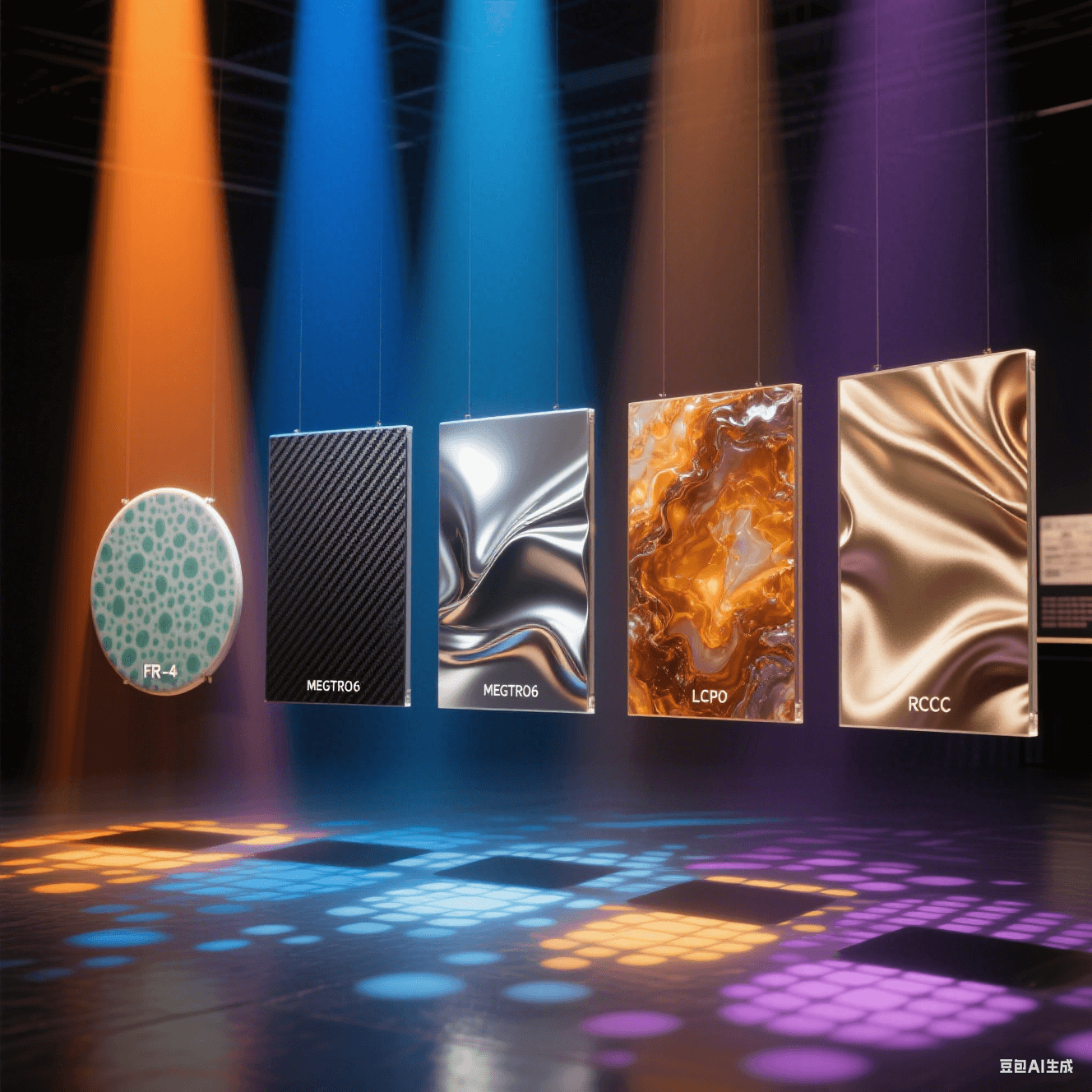 斑駁青瓷紋/碳纖紋/液態(tài)金屬/琥珀瑪瑙紋/絲綢褶皺肌理，被橙藍金銀紫光束穿透，地面投影各異光斑形態(tài)