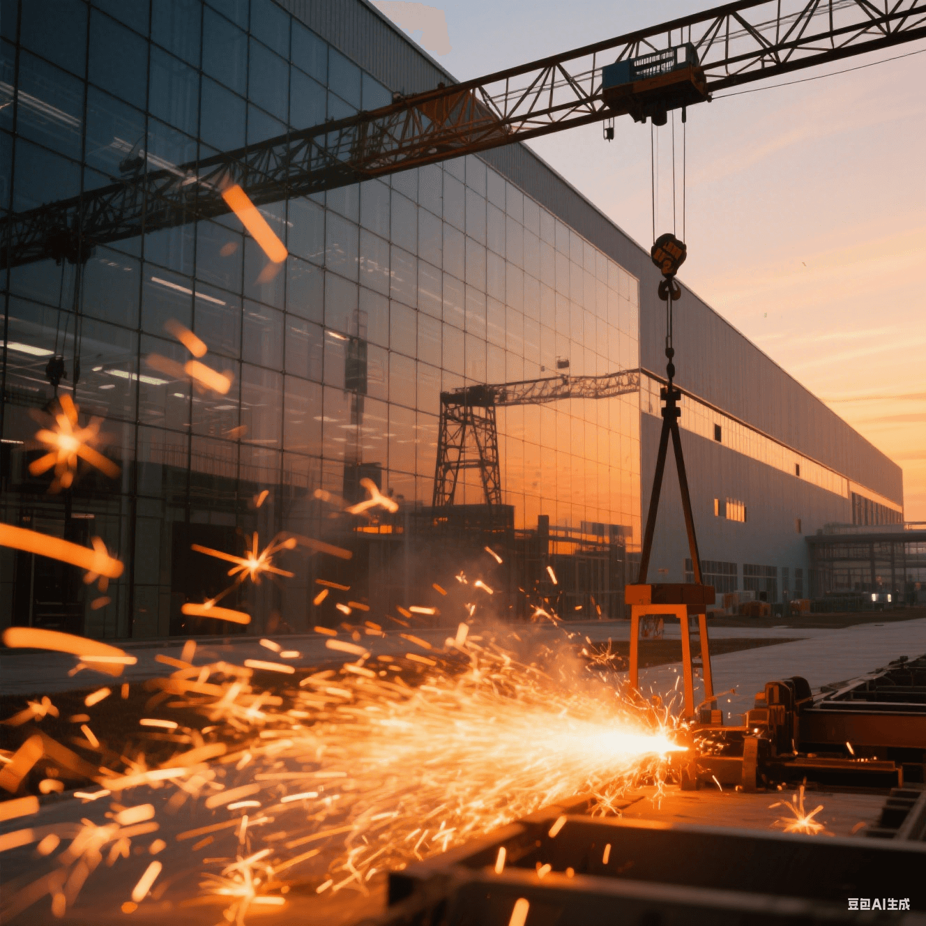 晶圓廠全景，玻璃幕墻映出擴產(chǎn)基地輪廓，吊車剪影與橙色焊光交錯