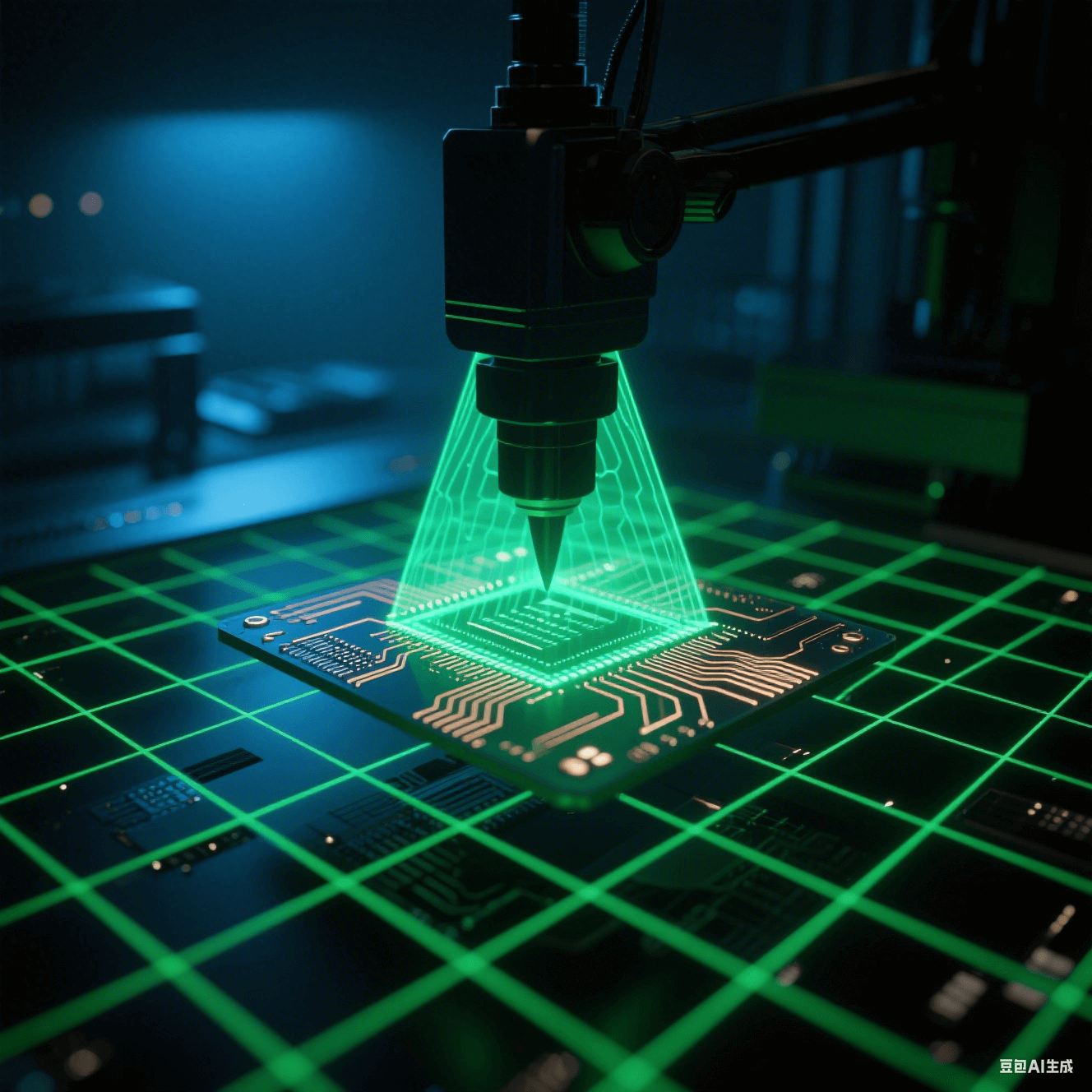 綠色激光網格掃描過懸浮的基板，在銅線路上折射出細密光網。X射線穿透基板形成內部結構的翡翠色透視光影，檢測探頭投射銳利三角陰影，背景彌漫電子藍霧光。