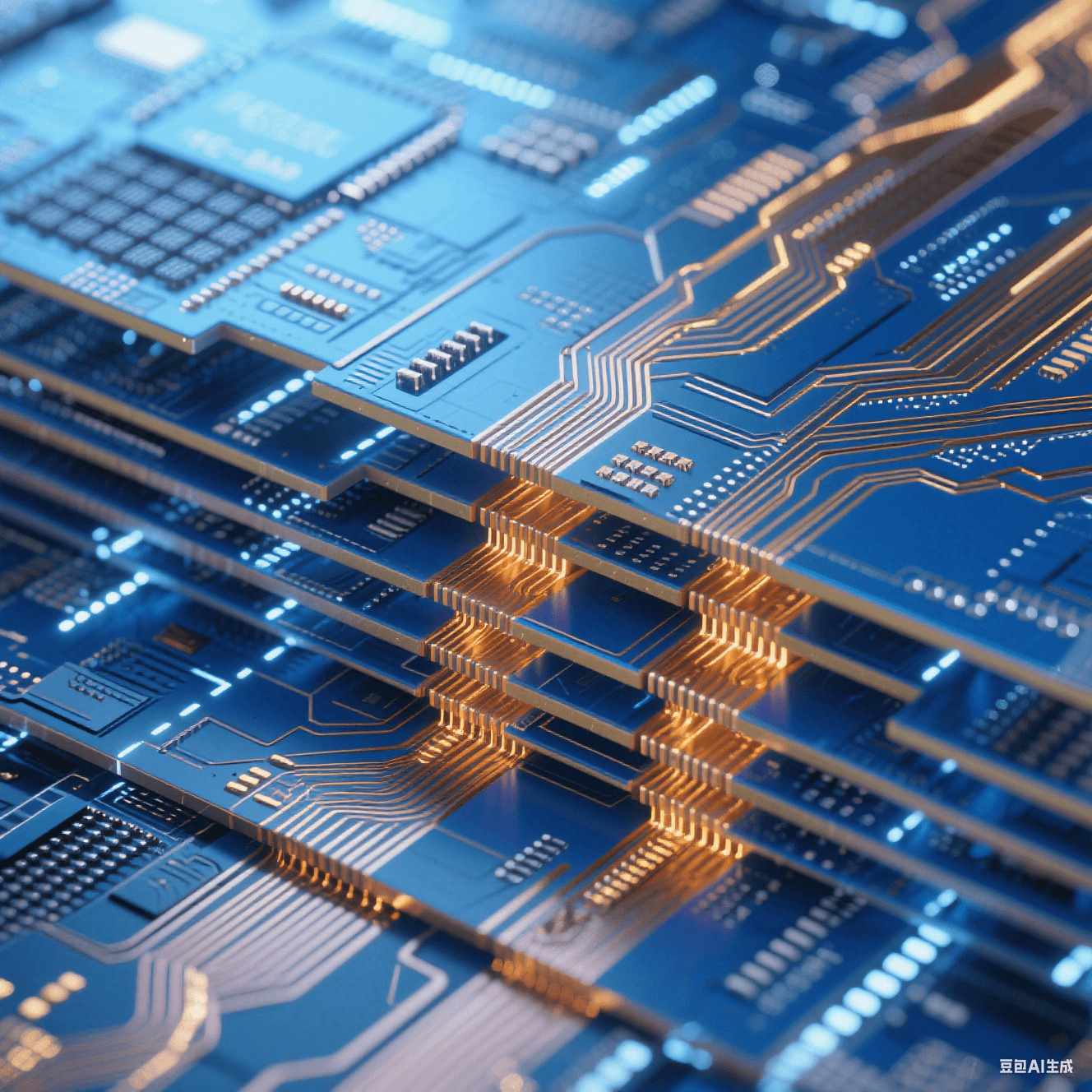 FC-BGA基板拋光剖面放大圖，呈現數十層藍金色交替的平行線路。絕緣層如深海藍寶石，銅線路如熔金河流，微孔通道貫穿層間形成垂直光柱。整體散發科幻感冷白光，邊緣有精密切割反光。