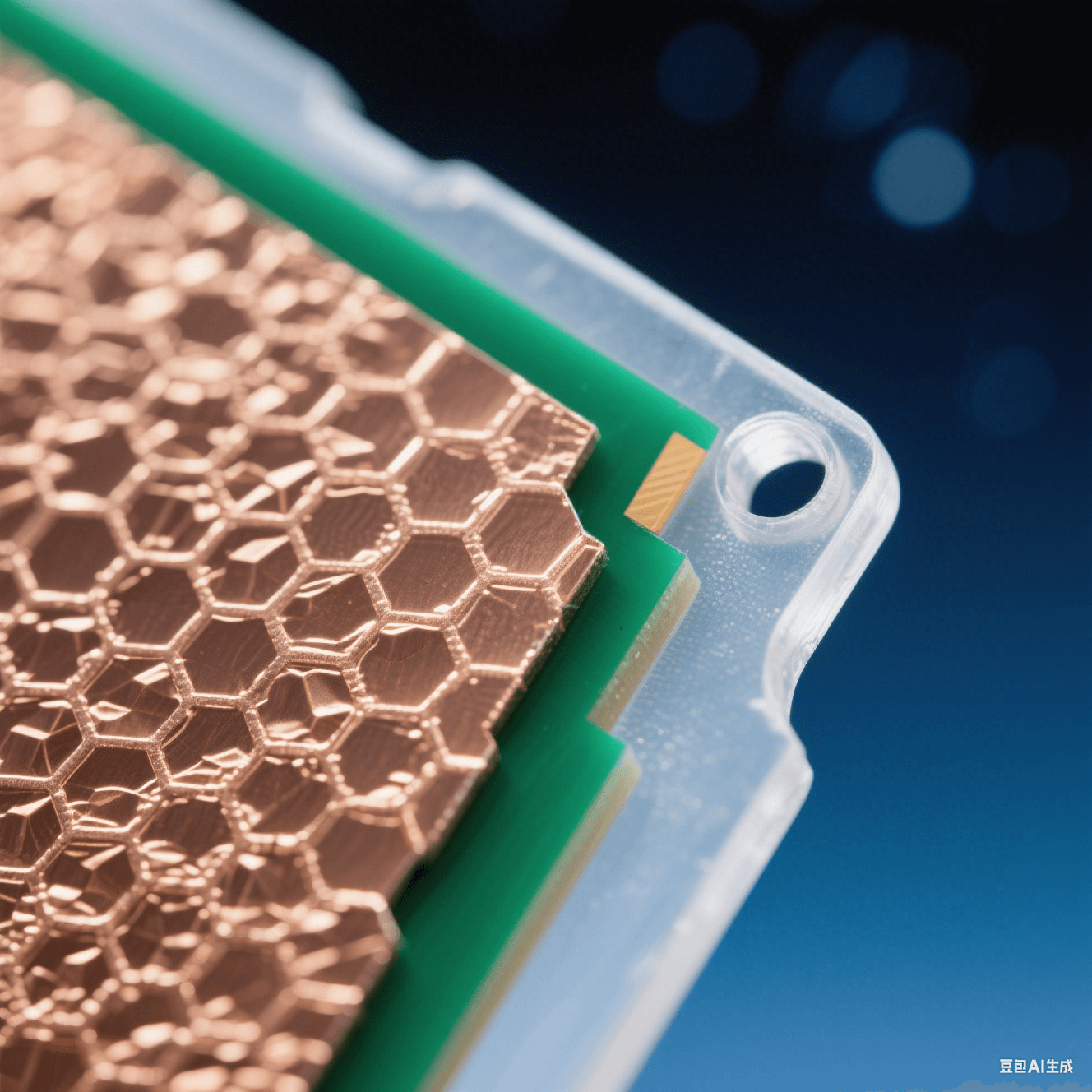 無鹵素基板銅箔結合界面微觀特寫：淺金色銅晶體與深綠色樹脂形成蜂巢結構，冷金屬光澤與啞光聚合物對比，頂光下銀白光暈穿透半透明磨砂層