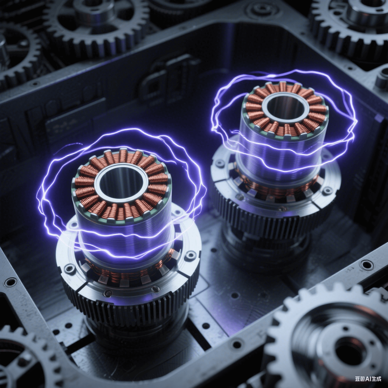 深灰機床腔體內(nèi)的PCB 線圈板諧振供電系統(tǒng)，兩枚同心銅線圈懸浮，初級線圈帶散熱鰭片，次級線圈旋轉(zhuǎn)形成殘影光環(huán)，間隙躍動藍(lán)紫電弧，電磁場呈靛藍(lán)漩渦狀包裹設(shè)備。