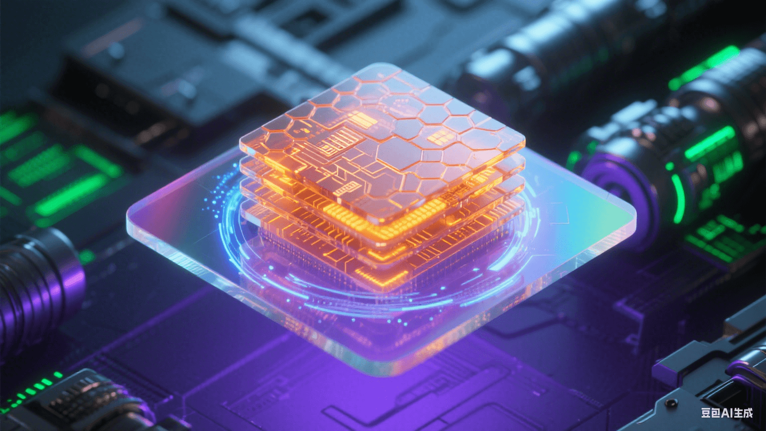 懸浮于紫色電磁場的半透明虹彩電路基板，琥珀態陶瓷膠包裹發橙光線路，蜂窩狀屏蔽腔外環繞藍白粒子漩渦，虛化CT金屬部件與熒光綠數據流交織