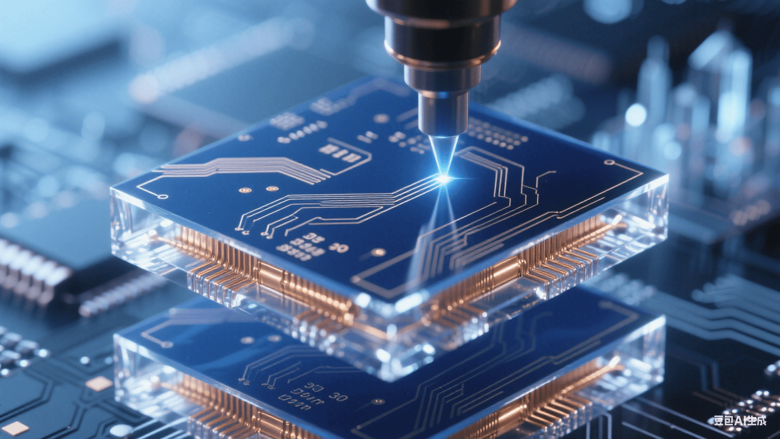 紫外激光束在深藍感光層繪制30μm線寬精密電路，鎏金銅線側壁呈85°陡直切面，邊緣反射冷白光，背景中多層電路板如水晶城懸浮