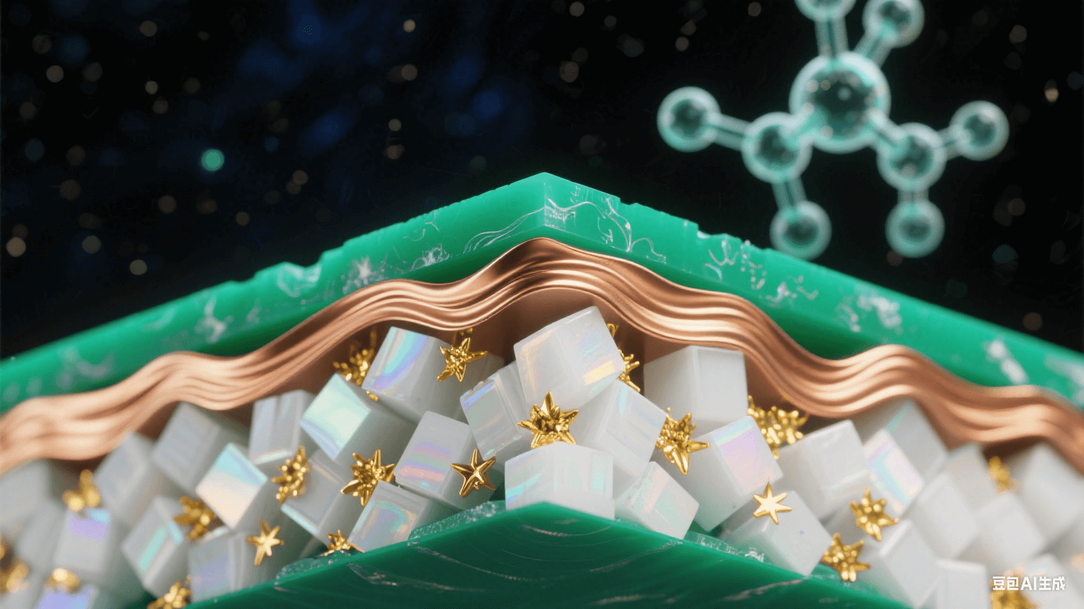納米級高頻材料橫截面顯微圖，陶瓷填充PTFE基材形成翡翠綠與珍珠白晶體，黃金色導電粒子如星云散布，覆銅層呈熔金流體質感，熱應力波紋以虹彩漣漪呈現，背景懸浮柔光分子結構模型