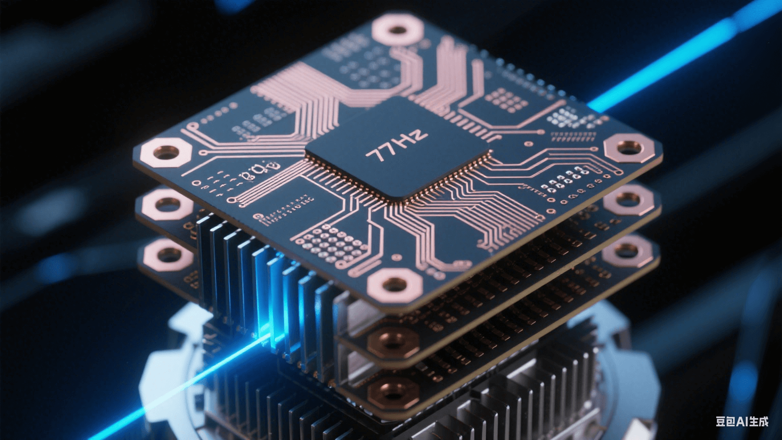 汽車毫米波雷達核心剖面特寫，77GHz高頻電路板立體分層如晶簇，玫瑰金色銅箔嵌入墨玉色基材，幽藍激光束動態顯示信號路徑，散熱鰭片泛冷銀光澤，背景為深空黑與量子藍漸變，過孔呈蜂巢狀幾何結構