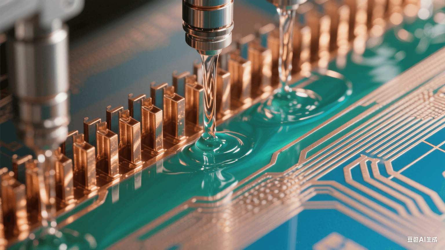 弱堿性蝕刻液流經銅箔形成藍綠漸變流體場，微噴淋系統雕刻鏡面般金屬紋理（Ra≤0.1μm），顯微視角展現無鼠咬缺陷的熔金質線路輪廓