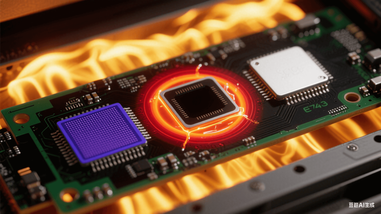 回流焊中 BGA 芯片三大缺陷熱成像：左下角虛焊（深藍低溫區）、右上角橋連（白熾熔融焊料）、中心空洞（紅黑環形熱梯度）