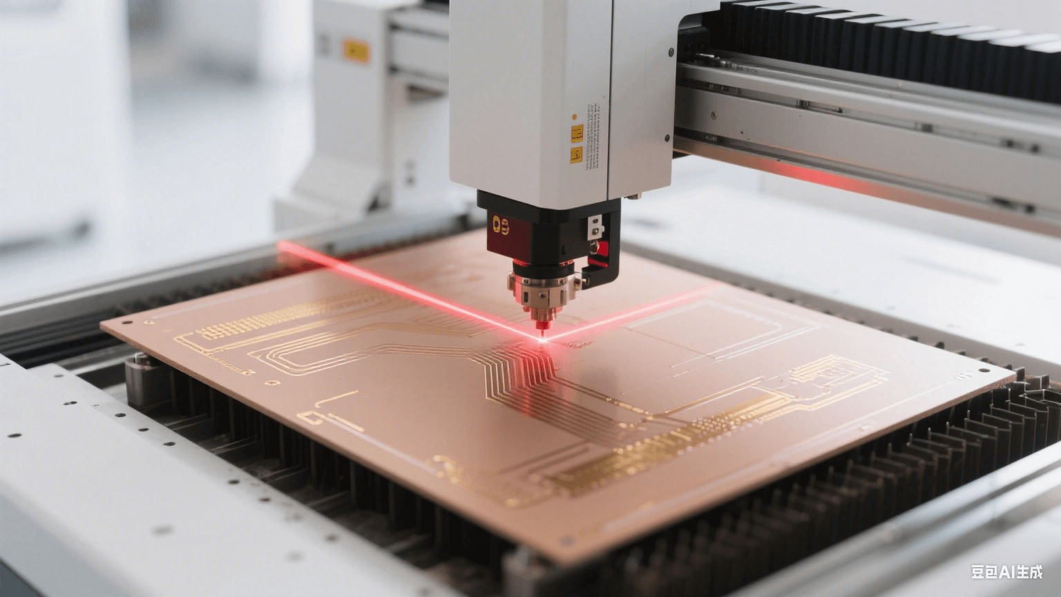毫米波 PCB 制造場(chǎng)景：激光直繪設(shè)備用紅色激光加工淺棕色板材，表面有亮金色銅質(zhì)線路