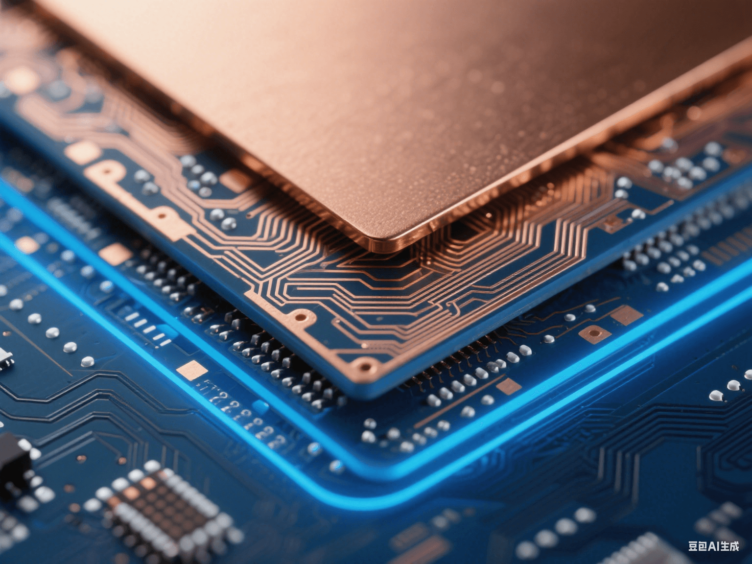 高速電路 PCB 信號(hào)層與電源層疊合，銅層帶細(xì)密走線，藍(lán)色背光下邊緣發(fā)光，顯層間結(jié)構(gòu)