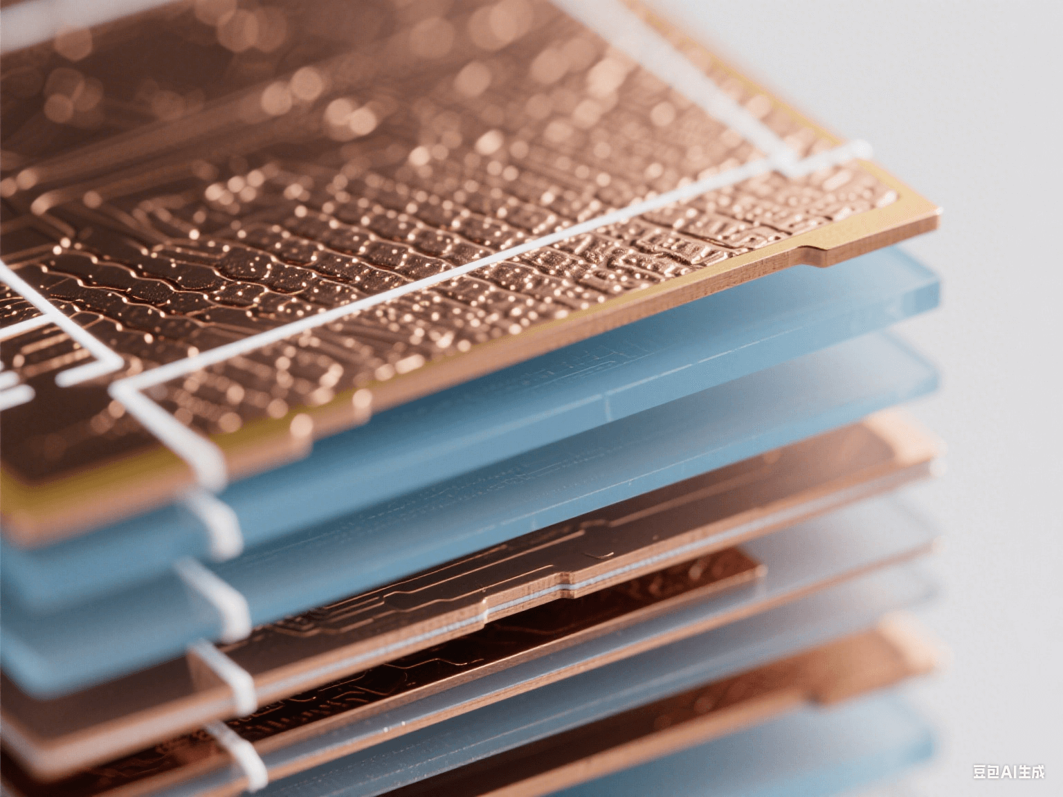 顯微鏡下 PCB 疊層細(xì)節(jié)，銅箔帶納米紋理，淡藍(lán)色半透明介質(zhì)層，頂光下顯微觀精密結(jié)構(gòu)