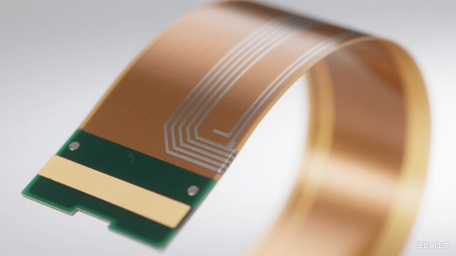 120° 彎曲的淺棕色 PI 薄膜表面有銀灰色銅箔線路（彎曲處連續(xù)），剛性部分為深綠色 FR-4，連接處有淺黃補強板