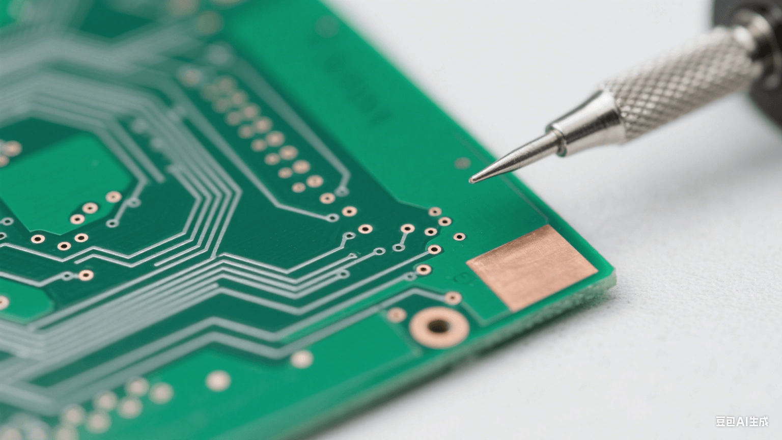 綠色 FR-4 基板上有銀灰色細密銅線路（邊緣光滑）與 0.05mm 微孔，一角露出羅杰斯 RO4000 淺棕色層壓結(jié)構(gòu)，冷白光下銅箔反光，背景為虛化淺灰工作臺，磨砂金屬探針局部接觸基板