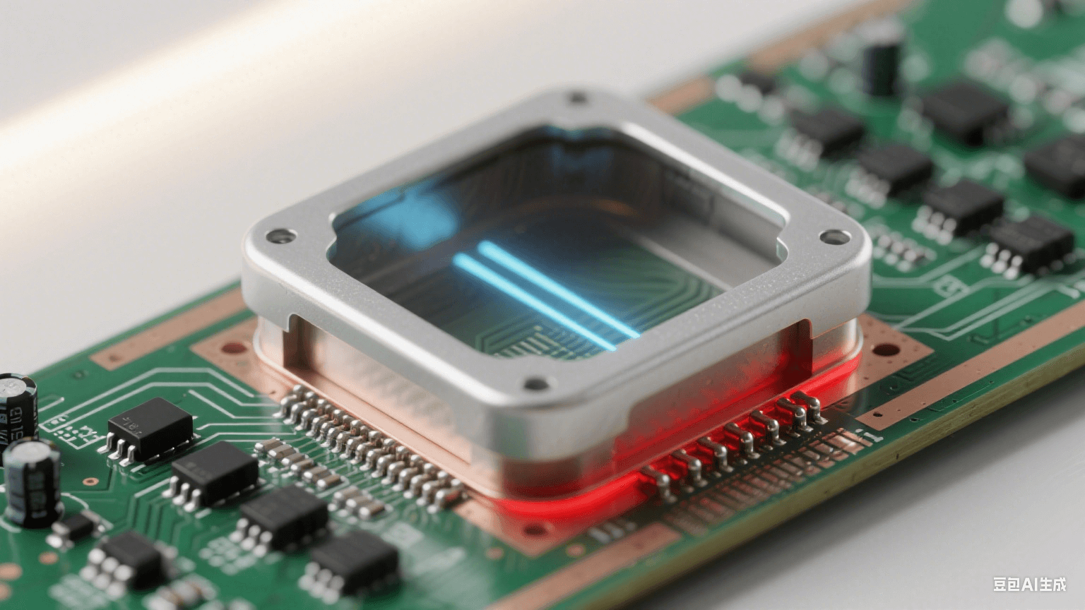 EMC 屏蔽與抗干擾：毫米波雷達板局部，銀灰色屏蔽罩封閉高頻區（底部與接地銅箔縫隙＜0.1mm），罩外深綠基板上有黑色高頻電容 / 磁珠陣列，銀灰線路與高頻線路被淺棕隔離帶分隔