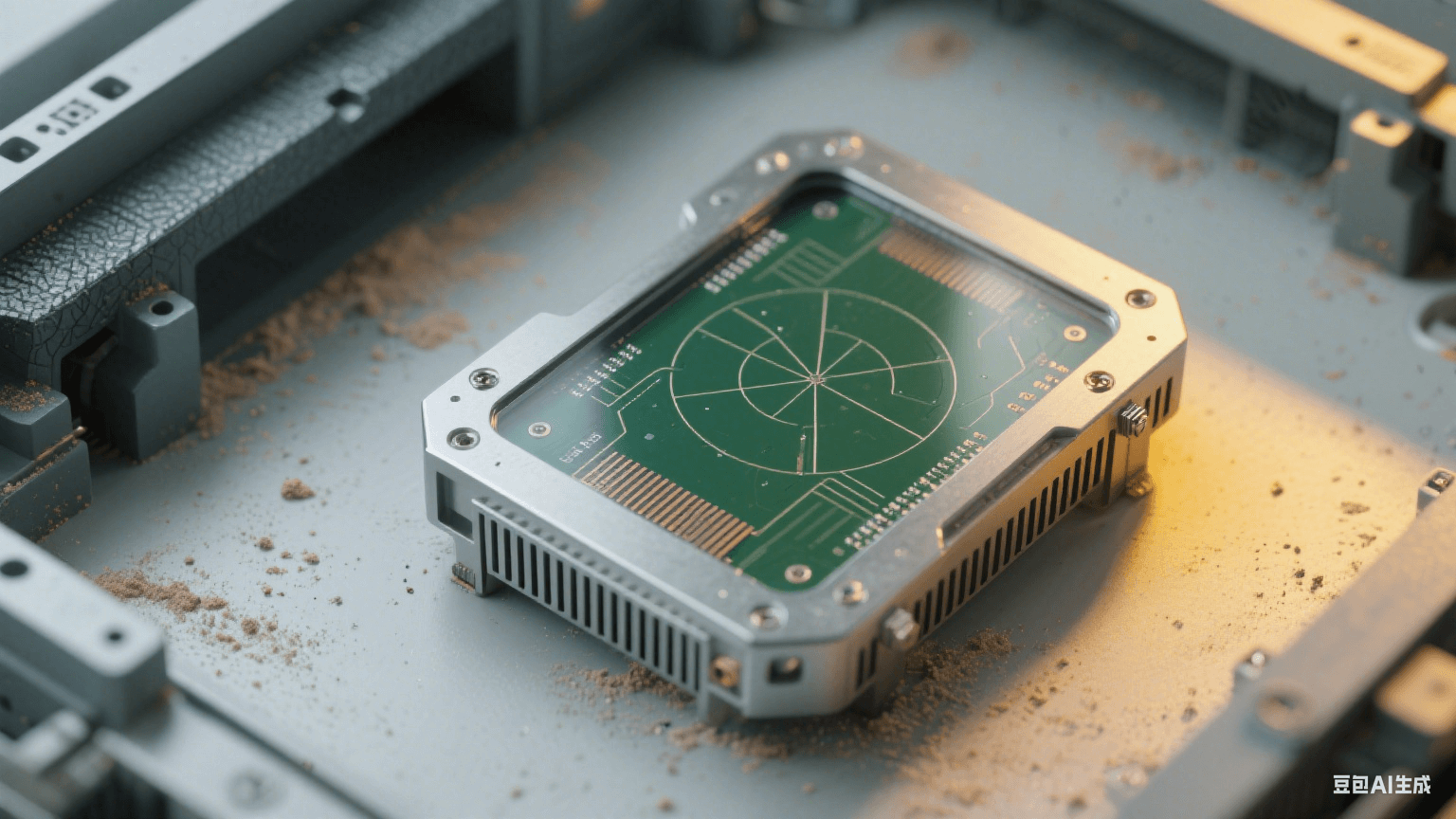工業毫米波雷達板環境：深綠色雷達板傾斜嵌入淺灰設備，表面覆透明三防漆，銀灰色屏蔽罩帶接地彈片，周圍有細微粉塵顆粒，深灰金屬支架帶振動紋理