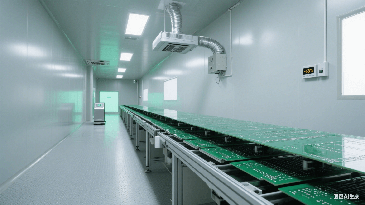 高濕度防靜電：深綠色 PCB 在流水線，頂部銀色除濕裝置吹氣，淺灰防靜電地板，遠處靜電場計泛綠光，冷灰側光顯干燥潔凈