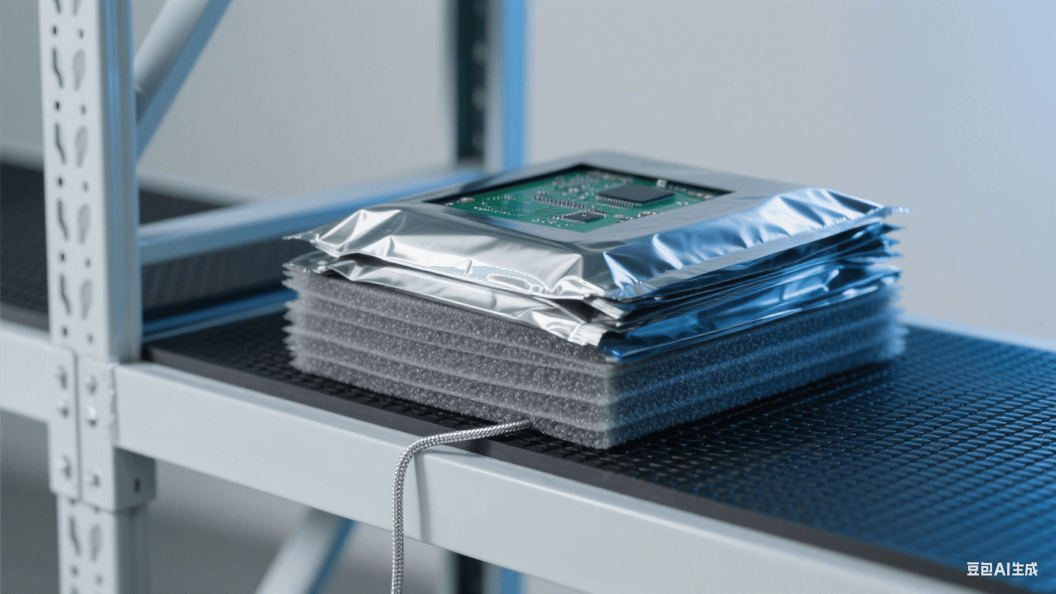 倉儲防靜電包裝：淺灰貨架鋪黑色橡膠墊（連銀色接地線），鍍鋁屏蔽袋包裹 PCB，層間夾灰色珍珠棉，冷藍光凸顯屏蔽防護