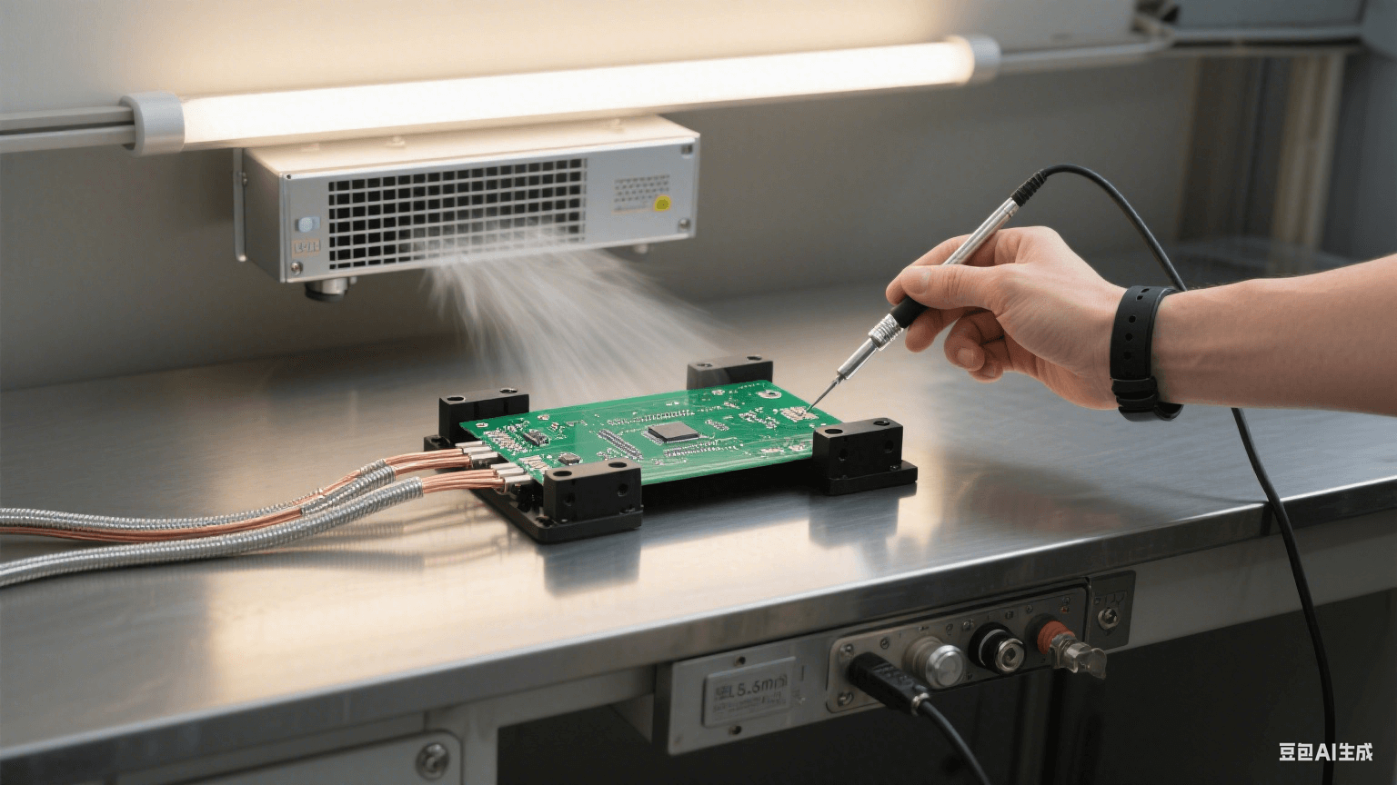 測試環節防護：銀灰色測試臺固定 PCB，黑色夾具連多股銅纜接地，上方離子風機吹氣，人員戴防靜電手環持探針