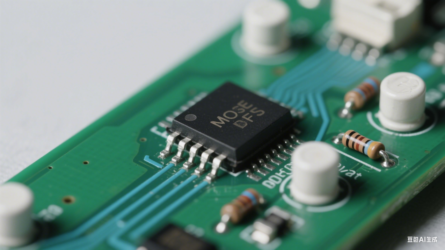 多層 PCB 剖面：深綠基材與銀灰電源 / 接地層交替，超短回路連接 SiC 管與電容，密集鍍銀散熱過孔，冷白光下顯緊湊高效