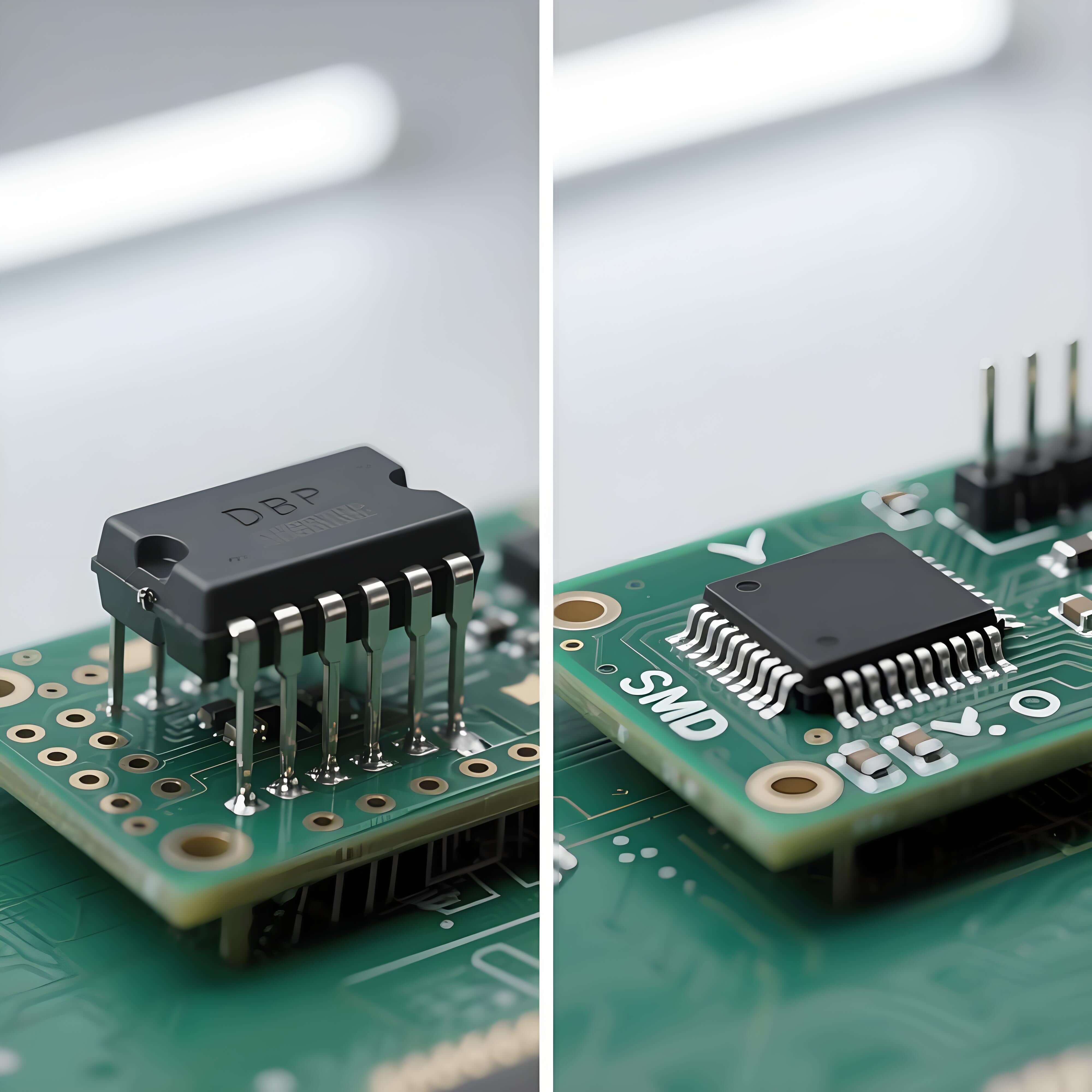 DIP 與 SMT 封裝對比特寫,左側黑色環氧樹脂 DIP 芯片雙列直插引腳,右側銀色 SMT 器件表面貼裝引腳,均置于綠色 PCB 板,顯材質與結構差異 DIP 與 SMT 封裝對比特寫,左側黑色環氧樹脂 DIP 芯片雙列直插引腳,右側銀色 SMT 器件表面貼裝引腳,均置于綠色 PCB 板,顯材質與結構差異