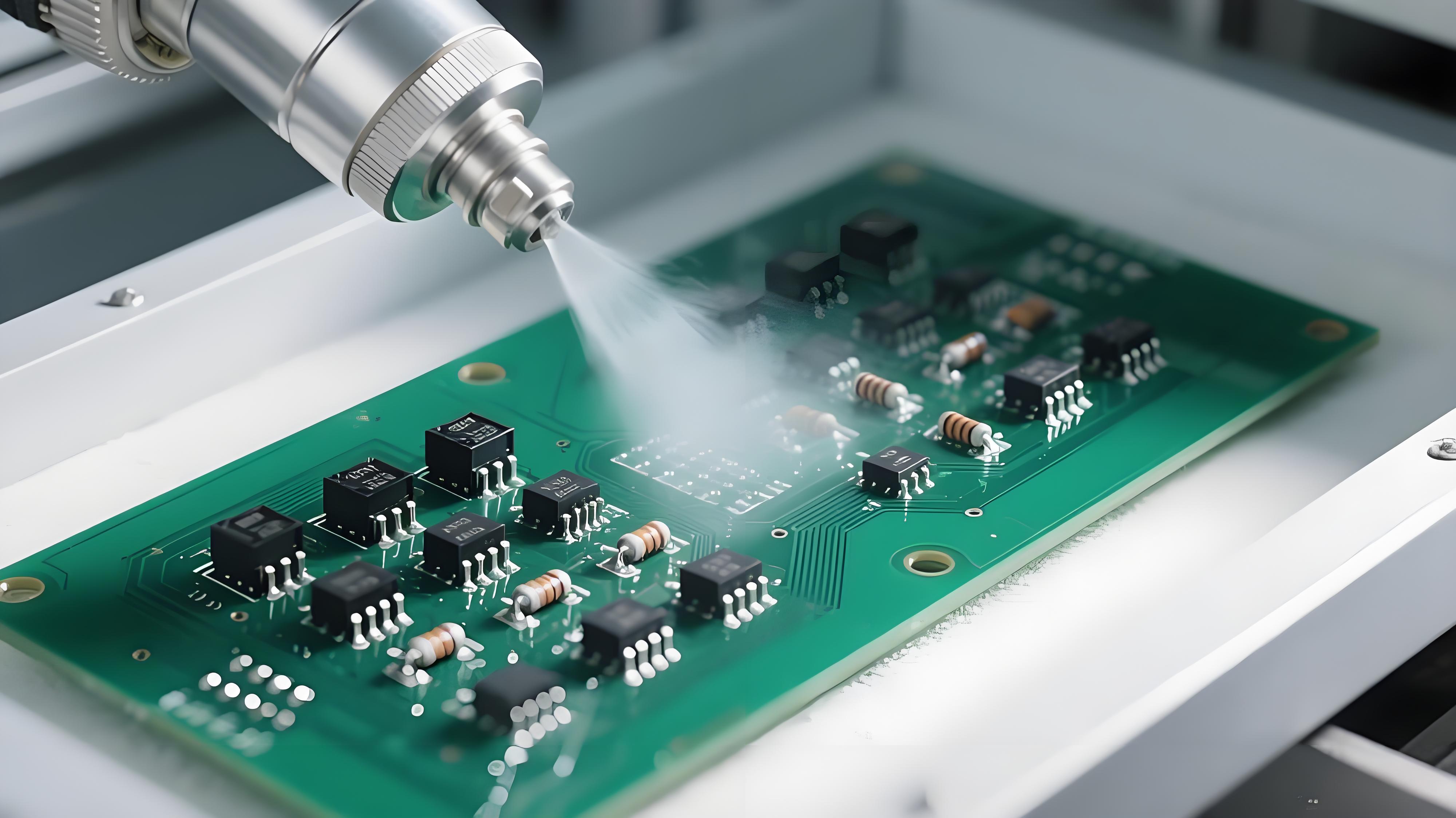 THT元件三防涂覆過程中噴嘴噴涂防護涂層的特寫