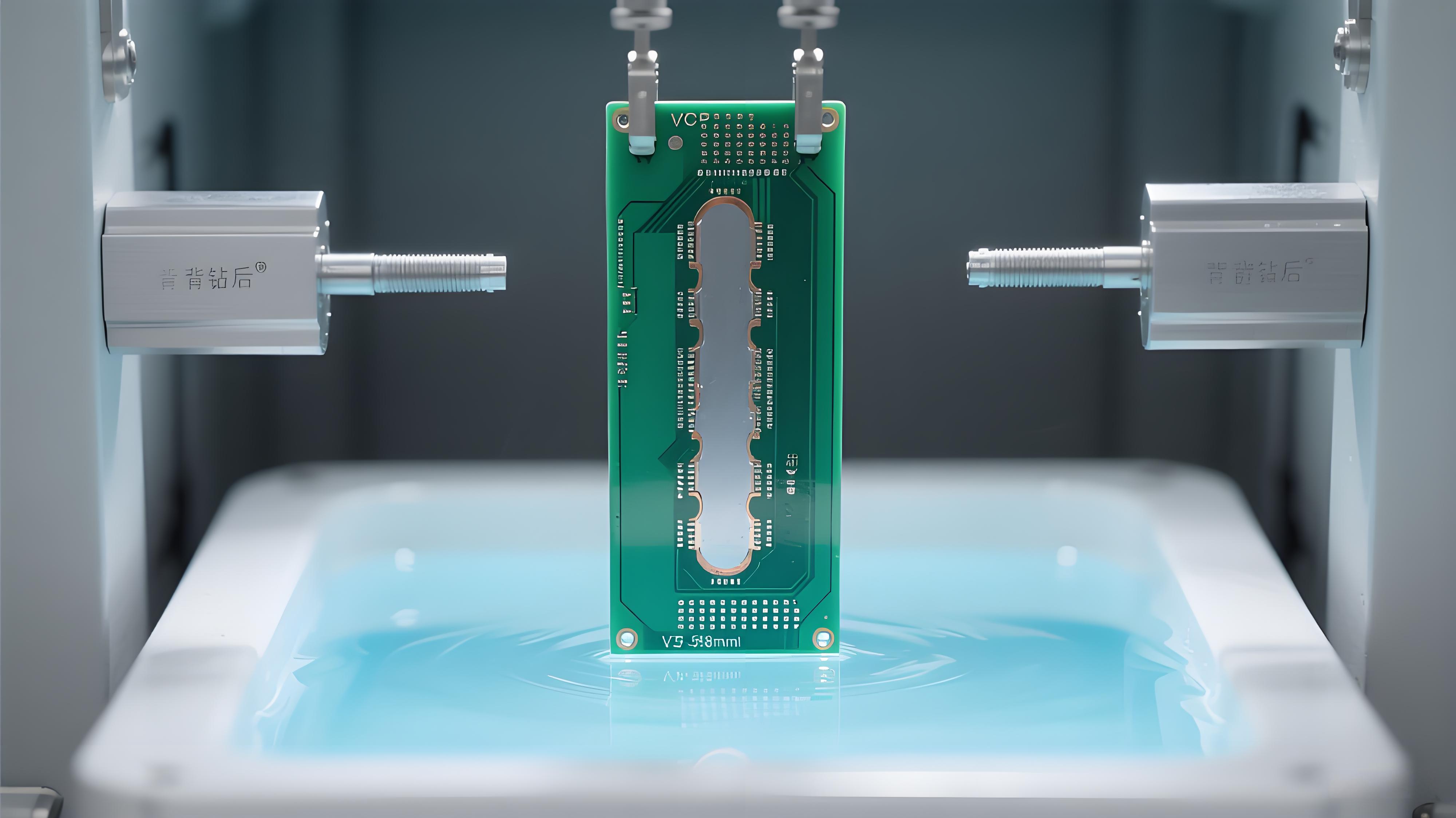 PCB背鉆后VCP垂直電鍍 淡藍(lán)色電鍍液與背鉆孔銀灰色銅層 孔銅厚度控制場(chǎng)景