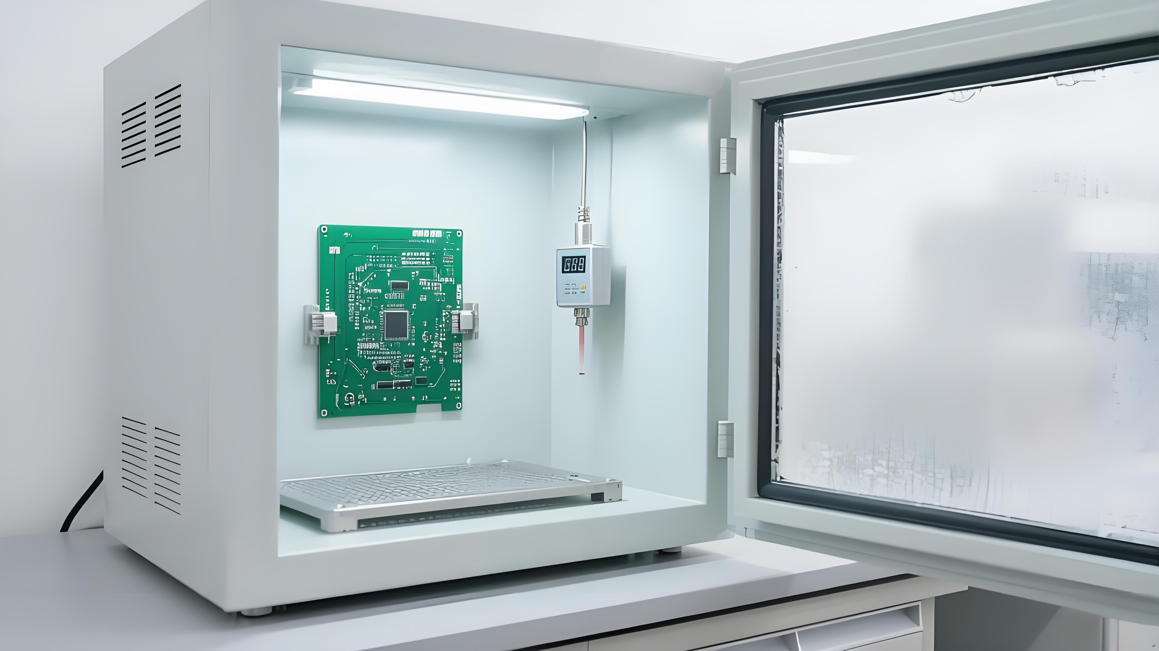 國(guó)標(biāo)環(huán)境PCB背鉆檢測(cè) 恒溫恒濕箱與銀色傳感器 可靠性測(cè)試場(chǎng)景