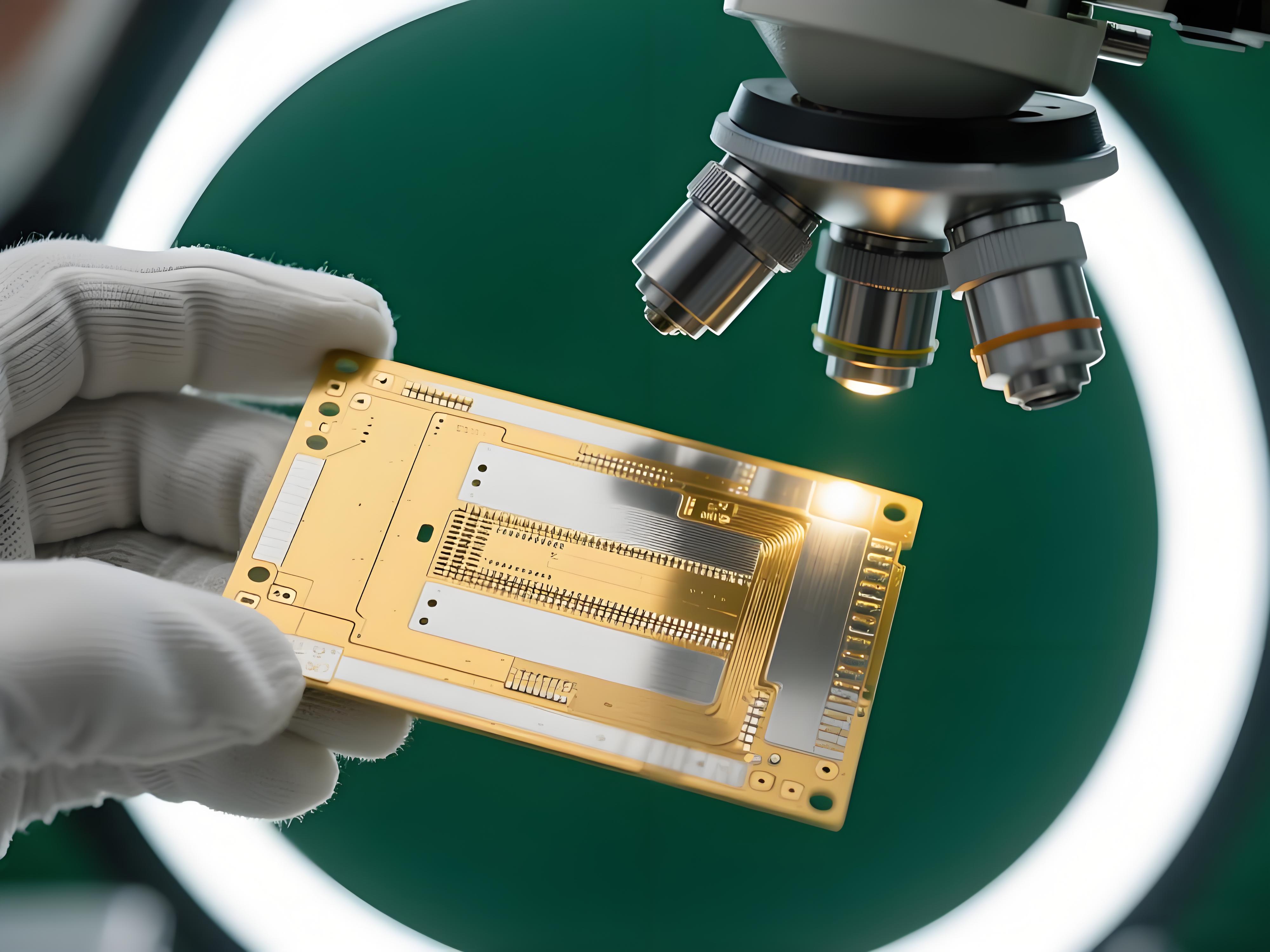 ENIG化金板質量控制檢查場景,展示顯微鏡下的金屬鍍層細節 ENIG化金板質量控制檢查場景,展示顯微鏡下的金屬鍍層細節