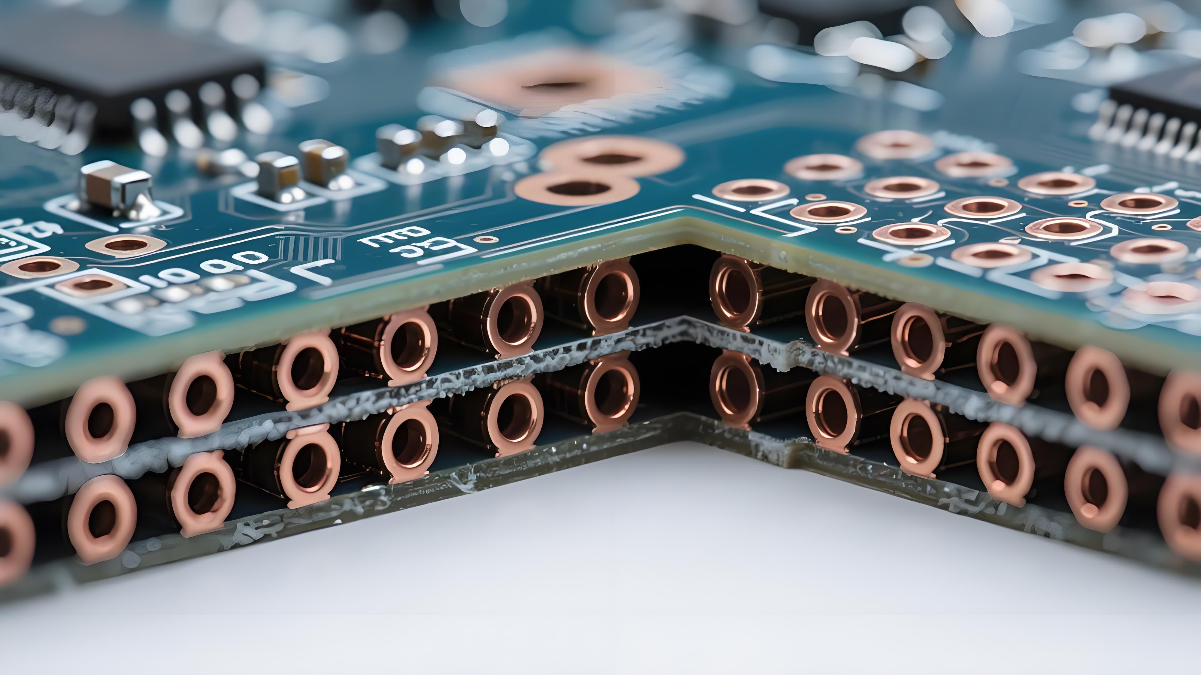 PCB散熱通孔陣列顯微切片橫截面，展示內部銅填充結構