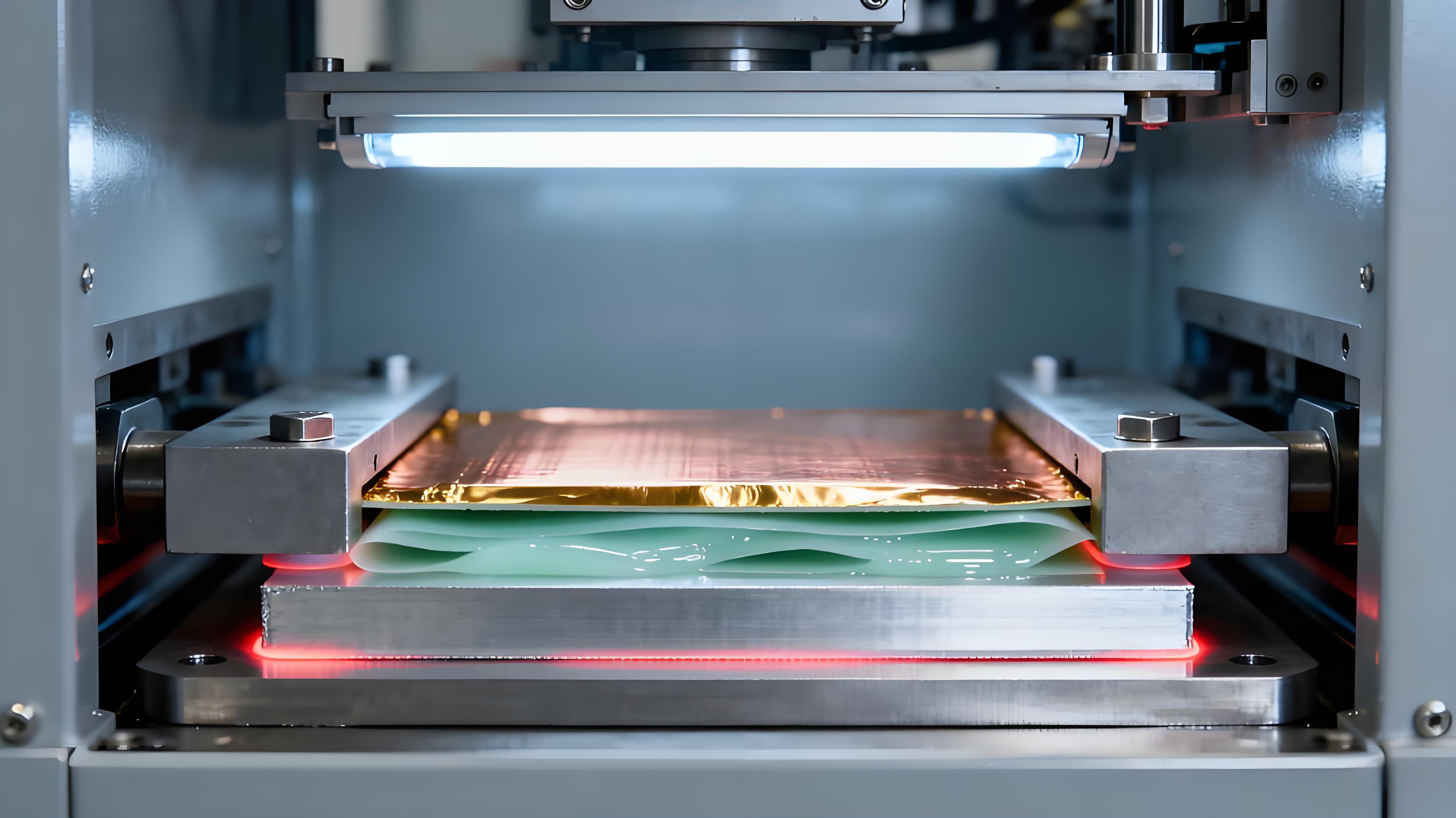 鋁基板絕緣層壓合工藝場景，銅箔、導熱絕緣膠膜與鋁板在高溫高壓下緊密貼合