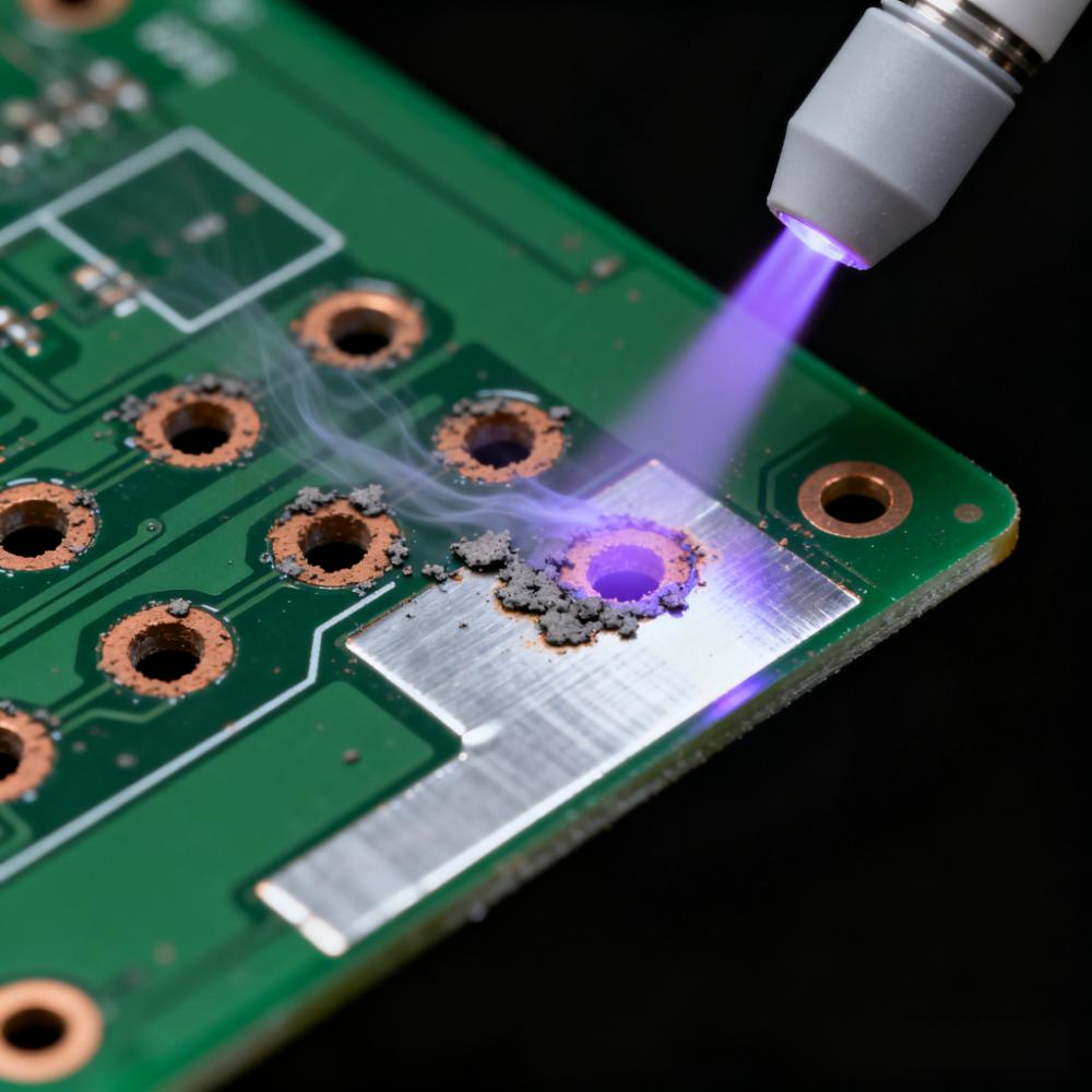 激光鉆孔后等離子清洗微盲孔除膠渣場景，淡紫色等離子體去除孔壁碳化殘留