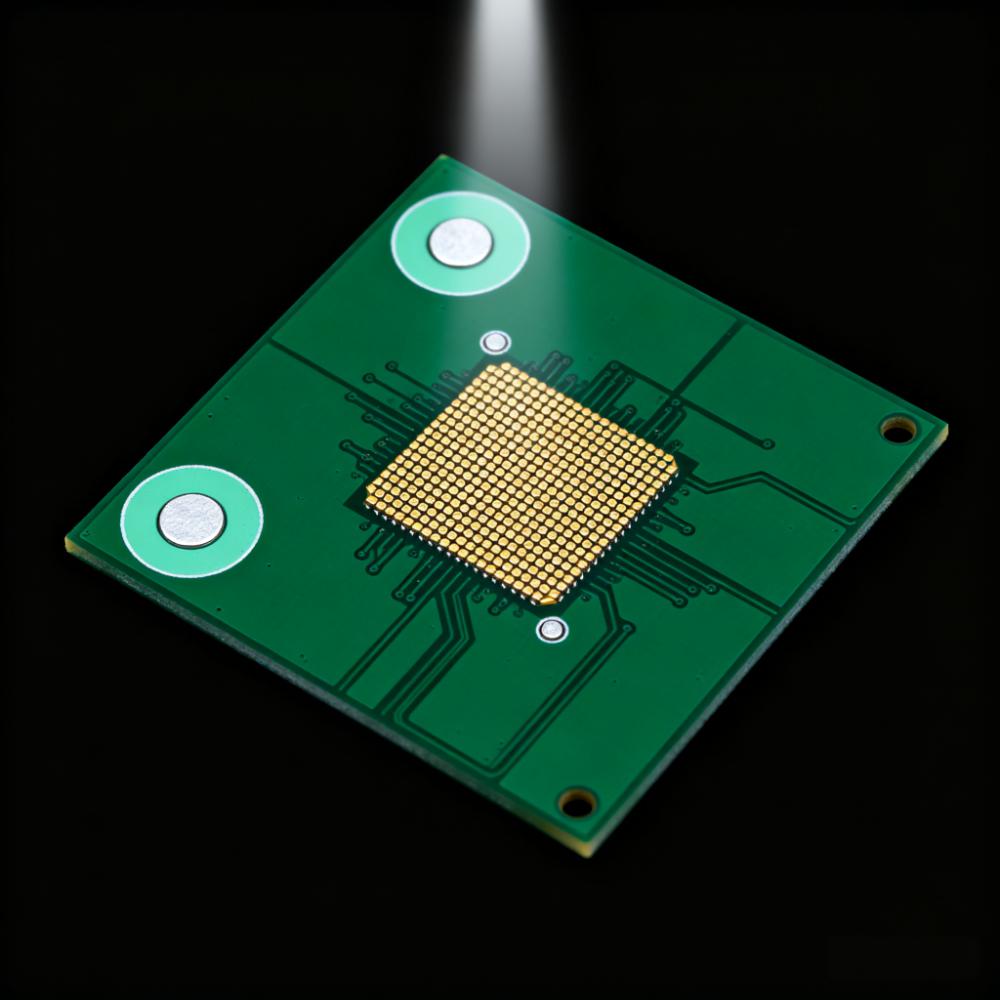 CB拼板基準點設計特寫，對角全局基準點（1.2mm+2.4mm無阻焊區）與BGA局部基準點