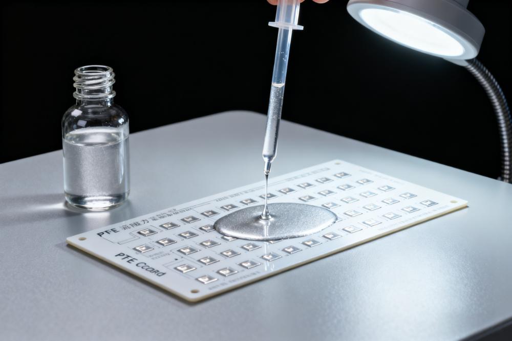 PTFE PCB沉銀表面處理場景，淡銀色溶液在銅焊盤形成均勻沉銀層無鼓泡