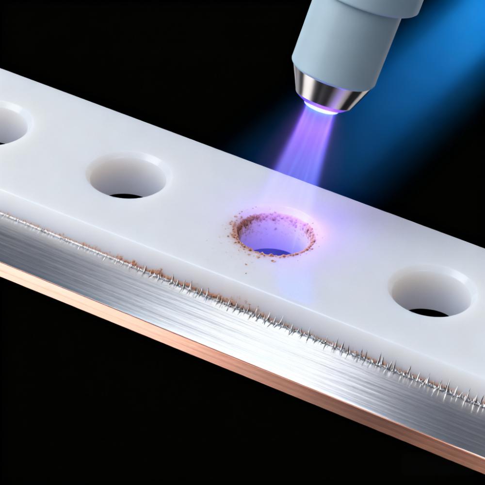 PTFE PCB鉆孔后等離子體去鉆污場景，淡紫色等離子體去除孔壁殘留鉆污