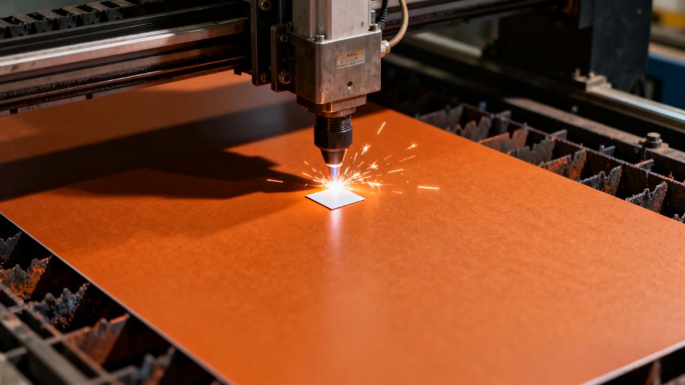 高頻板材介電常數(shù)測試-樣品制備流程，激光切割機正在精密切割PTFE高頻板材樣品