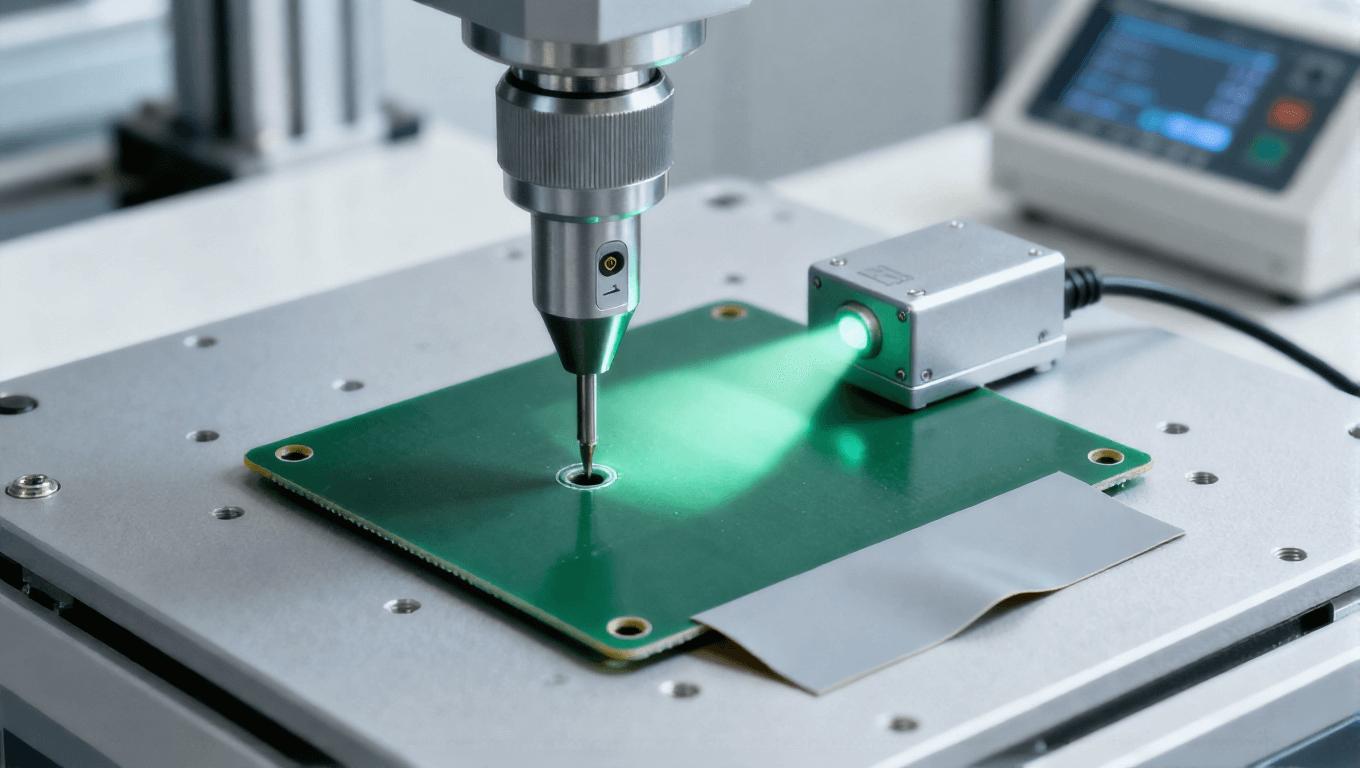 PCB沉頭孔壓力感應技術加工場景，淡綠色光影反饋鉆削阻力變化