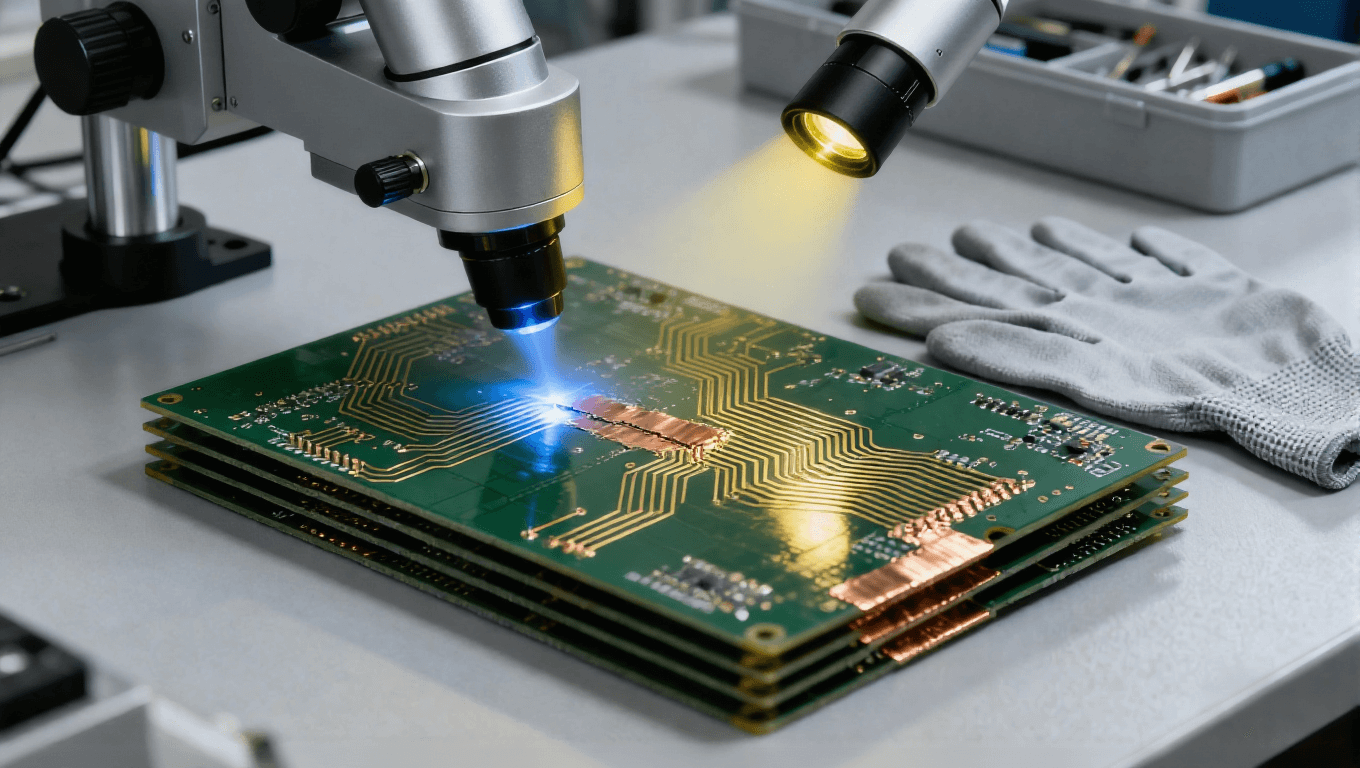 PCB 線路缺陷激光修復場景，淡藍色微光束微米級切除多余銅箔修復短路