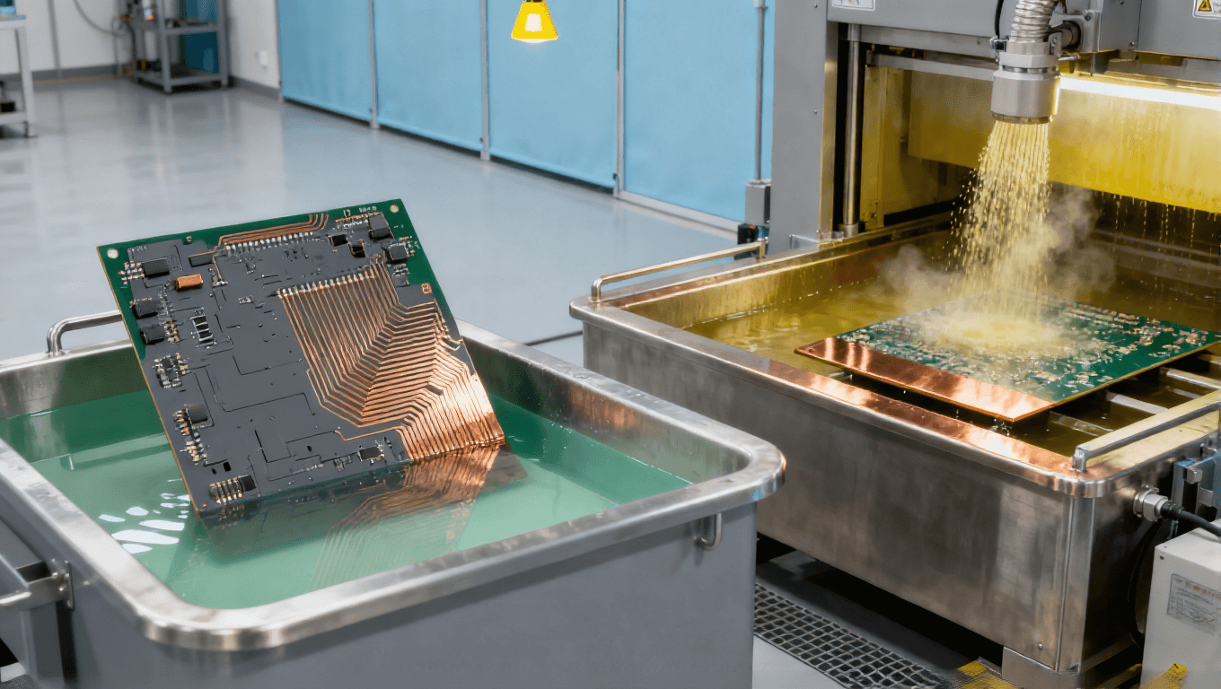 汽車電子高端PCB的mSAP工藝制造場景，展示電鍍槽、差分蝕刻設(shè)備及PCB基板，車規(guī)級PCB生產(chǎn)環(huán)境