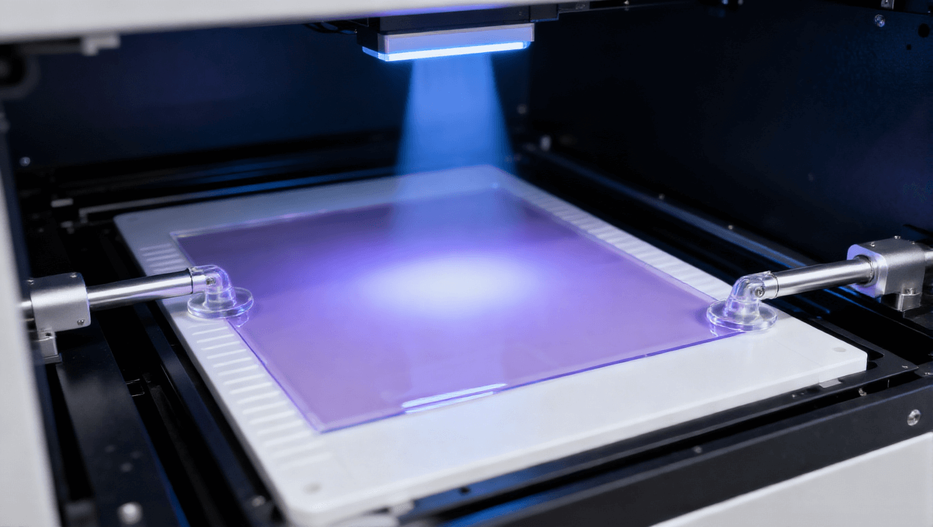 PCB改良型半加成法mSAP工藝光刻顯影環(huán)節(jié)，展示臥式光刻設(shè)備、透明PI基板、淡紫色光刻膠及紫外光，高端PCB光刻場景