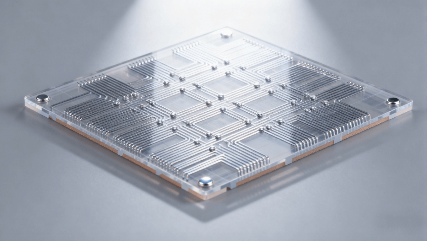 Mini LED驅(qū)動板mSAP工藝精細線路特寫，展示透明PCB基板與銀銅色細密線路，高端PCB線路細節(jié)圖