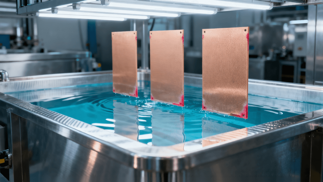 PCB半加成法SAP工藝化學(xué)鍍銅工序場景，展示立式銀灰色金屬鍍銅槽、透明藍色鍍液及FR-4基板，高端PCB制造車間環(huán)境