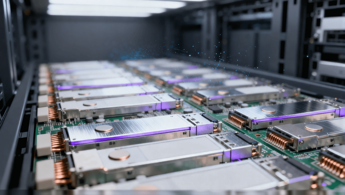 數據中心光模塊 PCB 組件 服務器機柜場景 銀色散熱片 淡紫色信號光效 光通信設備 冷色調科技氛圍 數據中心光模塊 PCB 組件 服務器機柜場景 銀色散熱片 淡紫色信號光效 光通信設備 冷色調科技氛圍