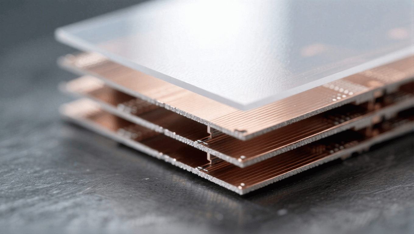 光模塊PCB材料層壓工藝特寫 半透明淡灰介電層 銀銅色銅箔層 冷白頂光 電子制造工藝 微觀質感 光模塊PCB材料層壓工藝特寫 半透明淡灰介電層 銀銅色銅箔層 冷白頂光 電子制造工藝 微觀質感